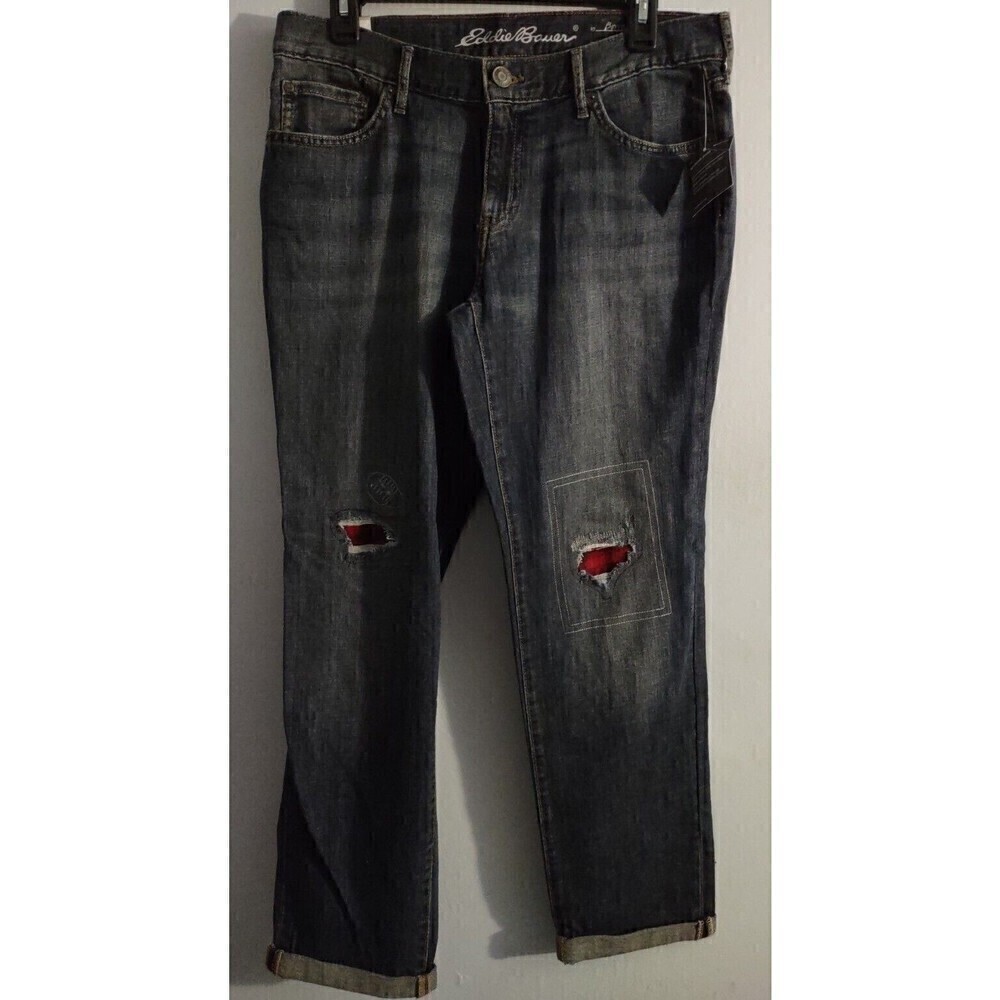 NWT Eddie Bauer Boyfriend Rolled Hem Dark Wash Blue stretch Jeans Flannel Patch